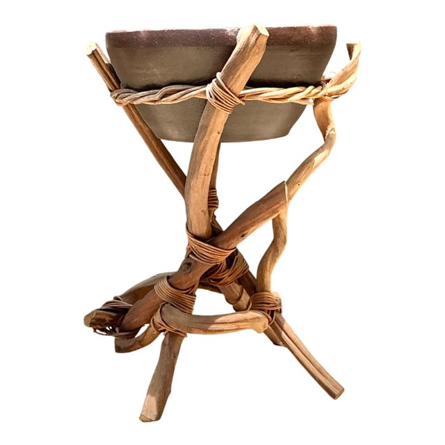 Vintage Twisted Wood and Pottery Plant Stand For Sale