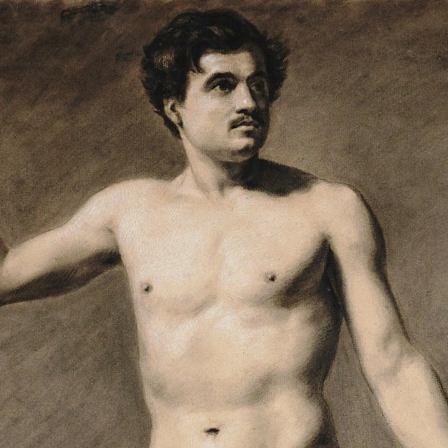 Victorian French School Academic Study Male Nude Portrait Charcoal Life Drawing For Sale - Image 3 of 6