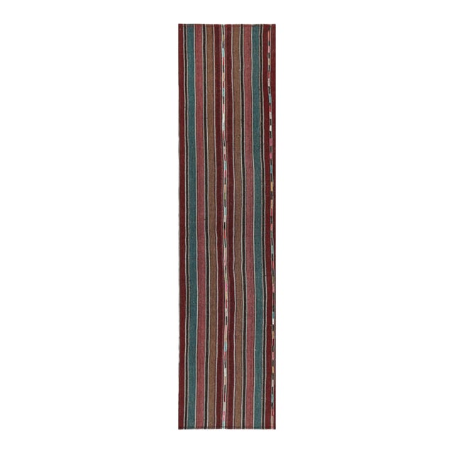 Vintage Shahsavan Persian Kilim in Blue, Brown & Maroon Stripes by Rug & Kilim - 2'11''x12'4'' For Sale