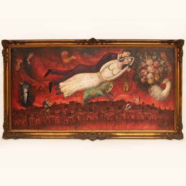 XL Mid 20th Century Surrealist Painting, Manner of Chagall, Framed For Sale - Image 12 of 12