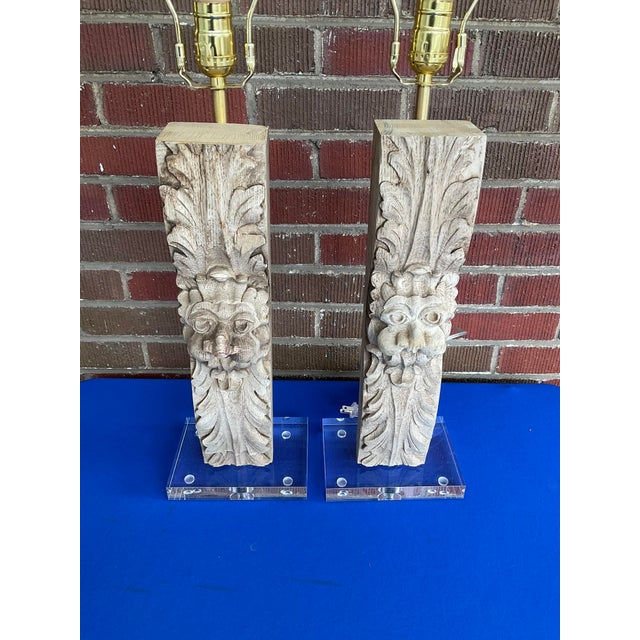 Pair Antique Carved Oak Architectural Fragment Table Lamps w/ Lucite Bases in good estate condition. There are some losses...