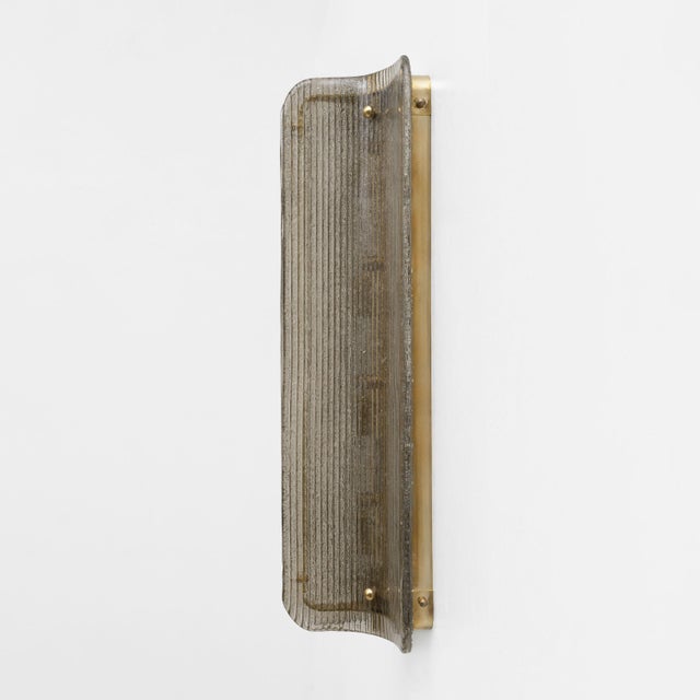 Curved Smoked Ribbed Murano Glass and Brass Wall Sconces, 2000, Set of 2 For Sale - Image 4 of 9