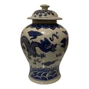Vintage Chinese Blue and White Ginger Jar With Dragon