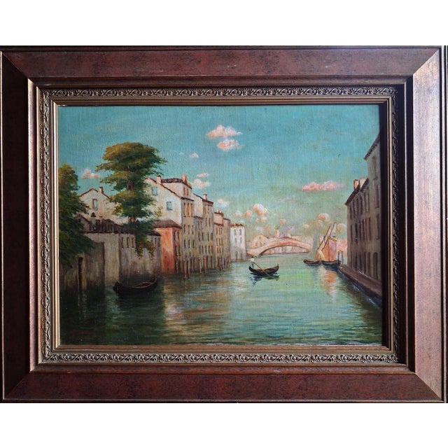 Capture the romantic allure of the floating city with this charming mid-20th-century oil painting on canvas. The...