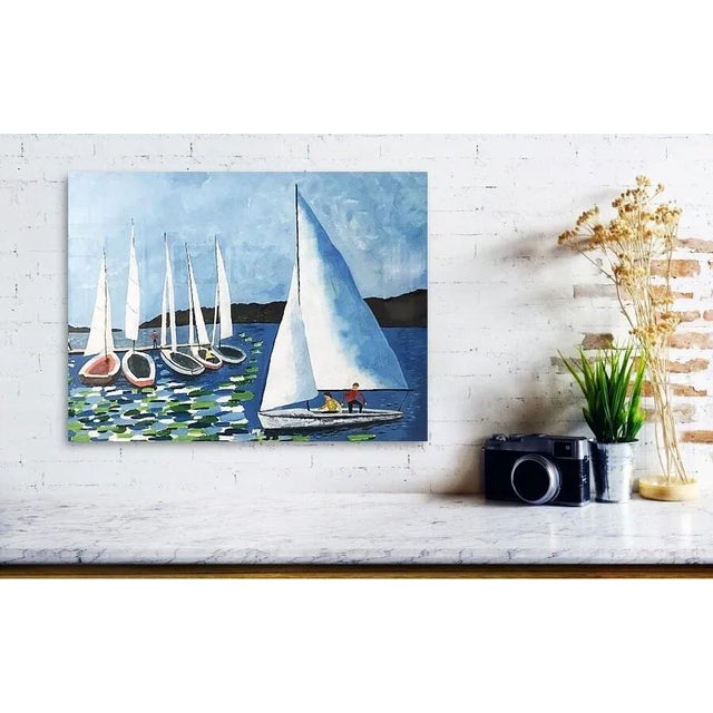 French Provincial Late 20th-Century Giclée Signed Print on Canvas of Sailboats on Lake Geneva For Sale - Image 3 of 12