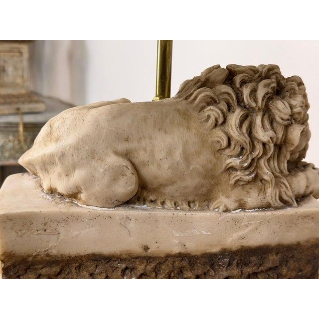 Wood Pair of Neoclassical Recumbent Lion Table Lamps - After Canova For Sale - Image 7 of 15