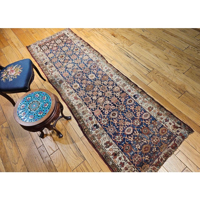 19th Century Persian Kurdish Bidjar Runner Rug, Hand-Knotted Wool, All Over Geometric Pattern, Blue & Ivory, 4x8 For Sale In Chicago - Image 6 of 14