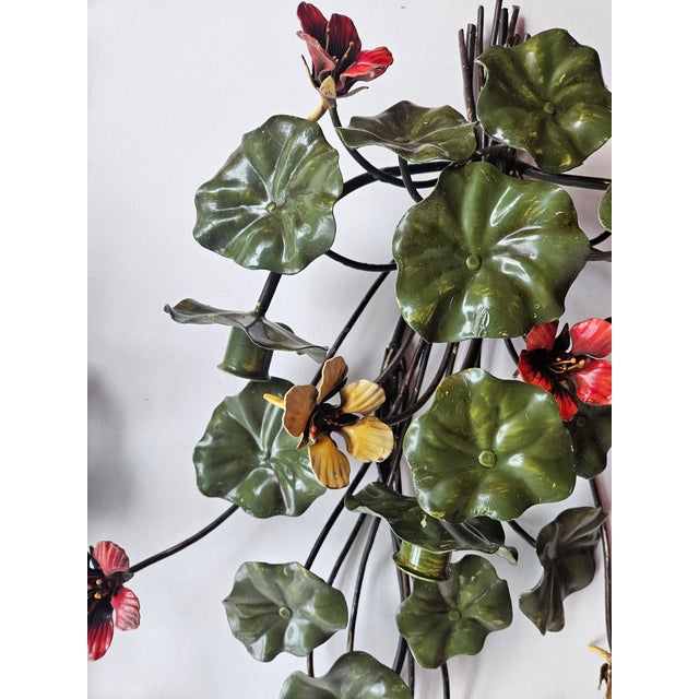 Mid 20th Century Wonderful 50s Tole 3 Candle Wall Sconces With Nastirtium Flowers and Leaves - A Pair For Sale - Image 5 of 6