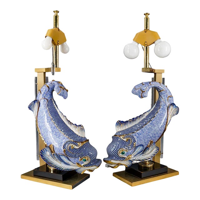 1980s Oggetti Mangani Porcelain Sculptural Dolphin Lamps, a Pair For Sale