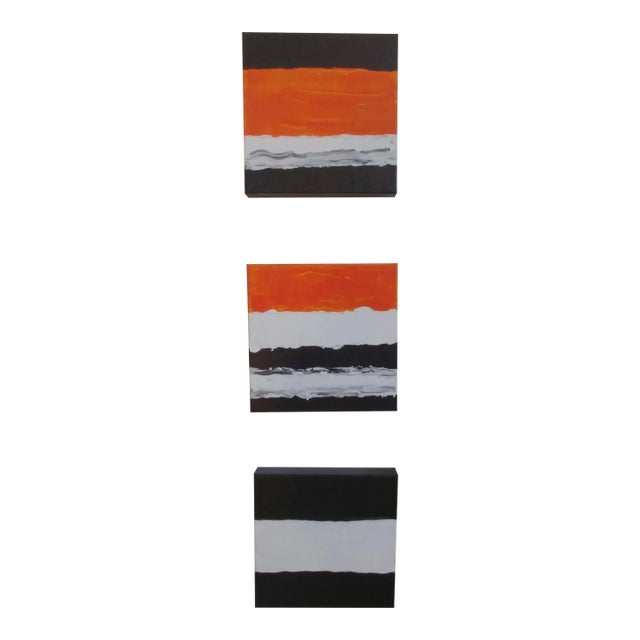 Abstract Orange Black and White Acrylic Paintings - Set of 3 For Sale