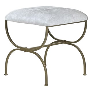 DESIGN FRERES 'Strapontin' Gilt Metal and White Hide Stool by Design Frères For Sale