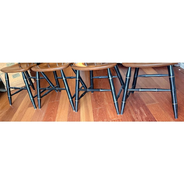 Mid-Century Modern Set of 4 Ethan Allen "Deer & Willow" Hitchcock Chairs – Black & Gold Gilt With Solid Cherry Seats For Sale - Image 3 of 6