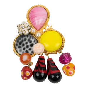 Christian Lacroix Gilt Metal Jeweled Pin Brooch with Poured Glass Dangle Charms