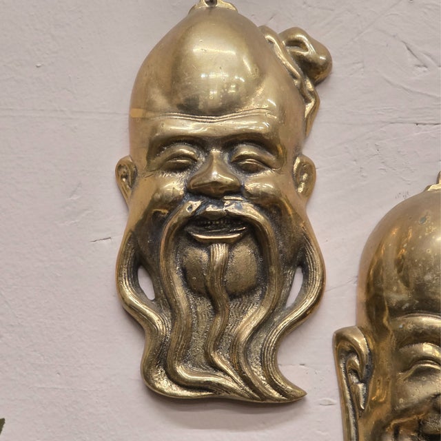 Vintage Brass Wall Masks, Chinoiserie Wall Plaques — Set of 2 For Sale - Image 4 of 10