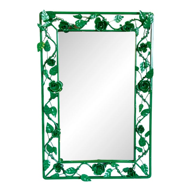 Vintage Metal Green Mirror With Floral Motif For Sale