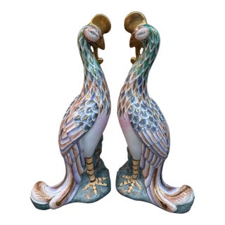 Pair of Colorful Asian Phoenix Bird Statues, 1960’s For Sale