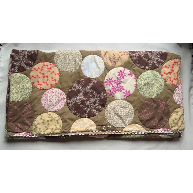 Auburn Hippie-Chic Japanese Cotton Medallion Quilt — Chocolate Brown & Pink Floral Circles, Hand Quilted, 66x88P For Sale - Image 8 of 18