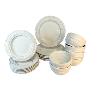1980s Vintage Anthropologie Portuguese Rope and Chain Ironstone Dinnerware - Set of 18.
