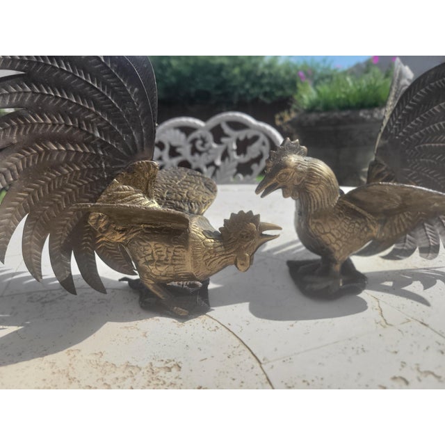 Hollywood Regency Pair of Vintage Brass Roosters For Sale - Image 3 of 12