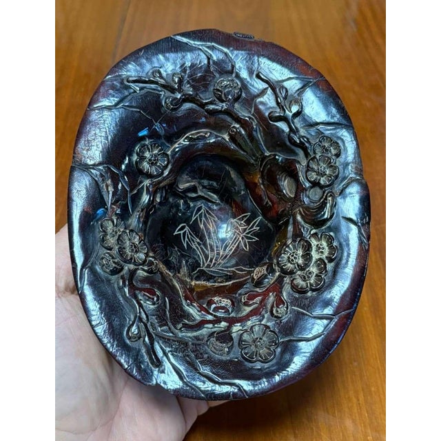 Exquisite hand-carved Chinese scholar bowl dating to the Qing Dynasty, finely carved from polished buffalo horn with a...