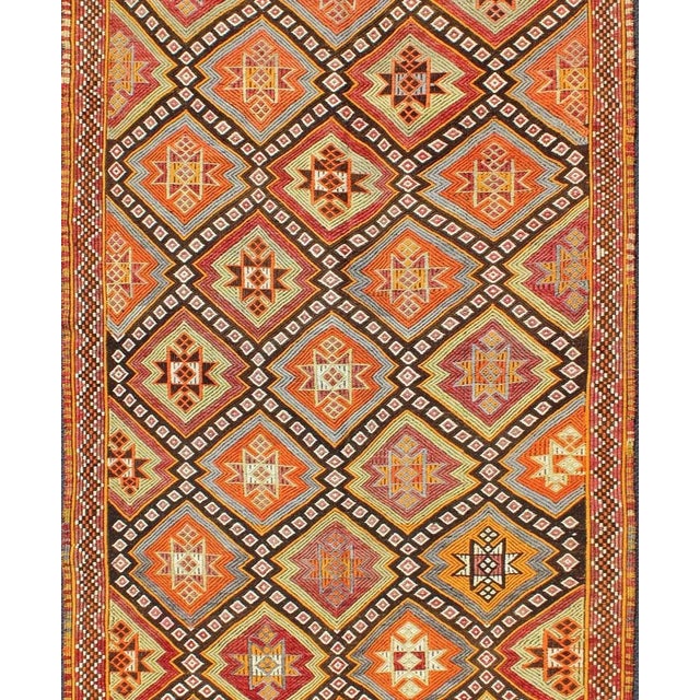 Textile Mid 20th Century Colorful Vintage Turkish Embroidered Flat-Weave Kilim Rug With All-Over Diamond Design For Sale - Image 7 of 13