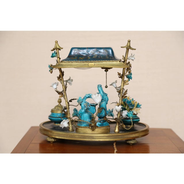 Sky Blue French Chinoiserie Turquoise-Blue Porcelain Encrier Table Lamp For Sale - Image 8 of 9