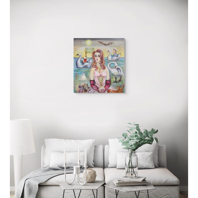 Early 21st Century Swan Lake by Zoa Ace | Oil on canvas Woman in a pink dress with swans and animals by a lake. For Sale - Image 5 of 5
