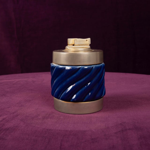 Blue Glazed Ceramic and Brass-Toned Metal Table Lighter by Tommaso Barbi, 1970s For Sale - Image 14 of 17
