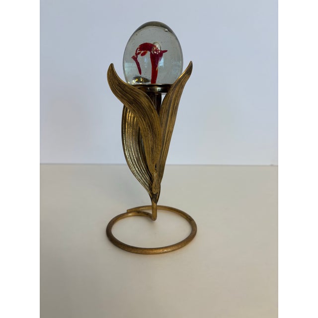 Art Nouveau 1960s Art Nouveau Stand Holding Murano Style Lily Bud Vessel Hand Blown Glass Inside Sphere For Sale - Image 3 of 3