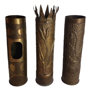 Antique French Ww1 Trench Art Vases Brass Set of 3 All Different For Sale