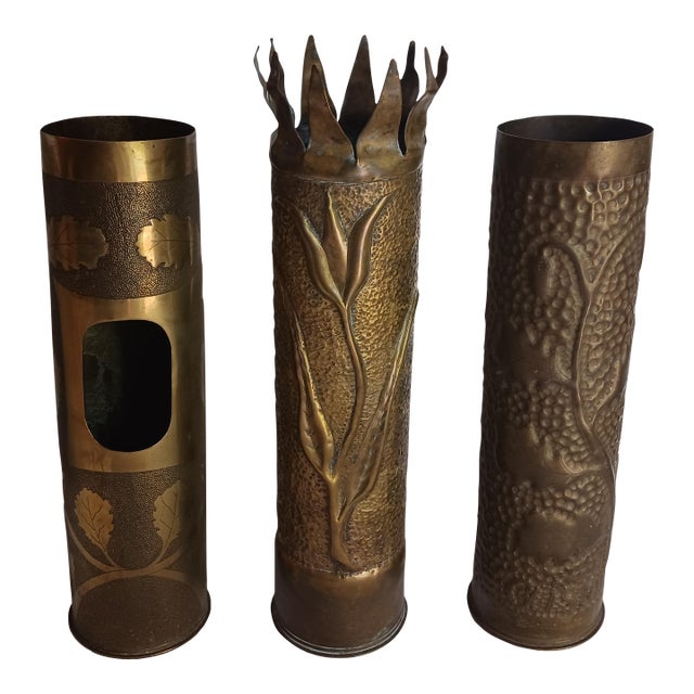 Antique French Ww1 Trench Art Vases Brass Set of 3 All Different For Sale
