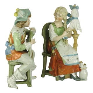 19th Century Figurines Man Woman Lady Sitting Chair Dep Germany 11588 Renaissance Hand Painted For Sale