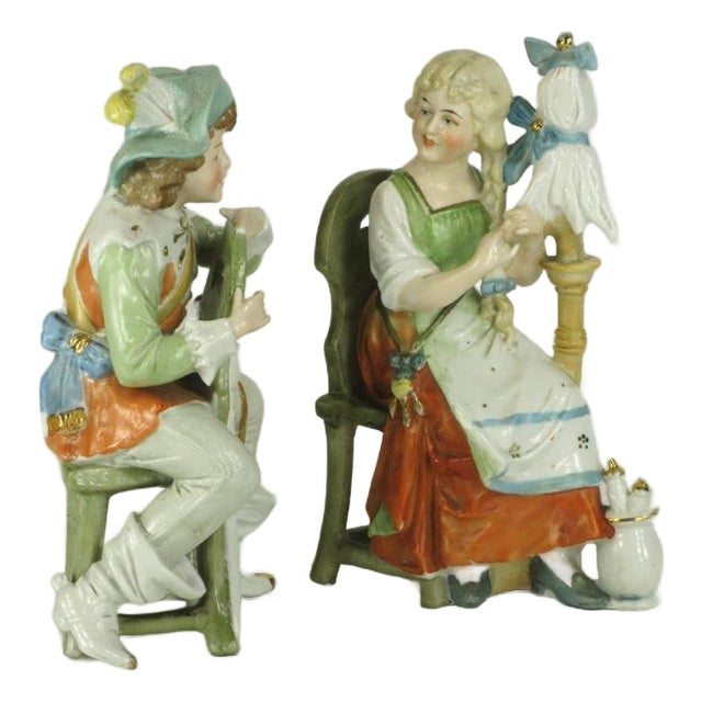 19th Century Figurines Man Woman Lady Sitting Chair Dep Germany 11588 Renaissance Hand Painted For Sale