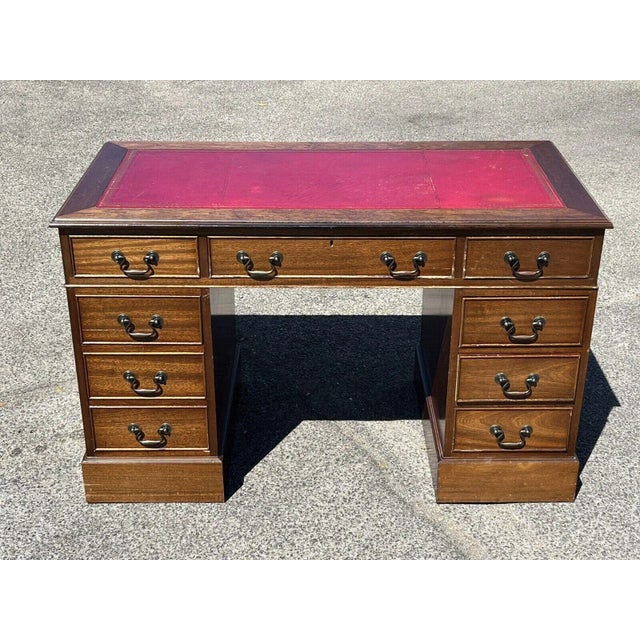 Pedestal Desk with Red Leather Top For Sale - Image 3 of 10