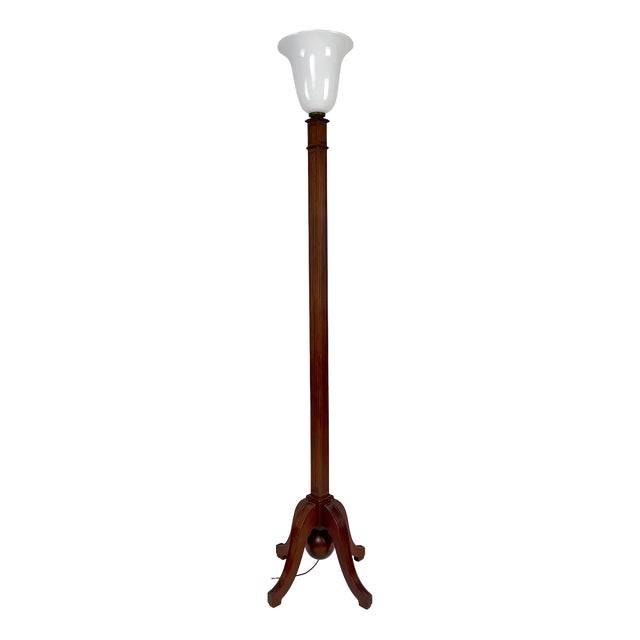 Art Deco Floor Lamp in Carved Beech & Opaline Glass, France, 1920s For Sale