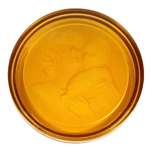 Vintage Frosted Amber Glass Lidded Box With Figural Relief, Circa 1950’s