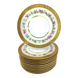 Vintage Limoges j.p.l. Gilded Porcelain Plates With Floral Garland, Set of 12