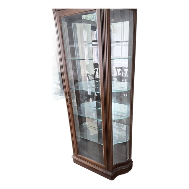Dark Mahogany Curio Cabinet – Curved Glass Door, Mirrored Back For Sale