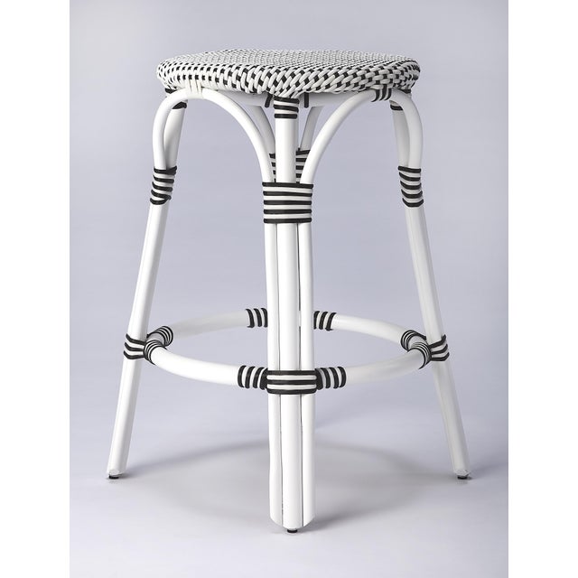 Transitional Tobias 24 in. Seat Height Round Rattan Backless Counter Stool, White/Black Dot / White Rattan Frame For Sale - Image 3 of 8