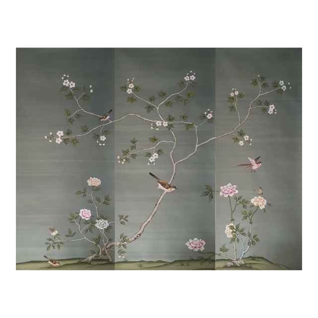 Chinoiserie Floral Mural Hand Painted Wallpaper - 3 Panels For Sale