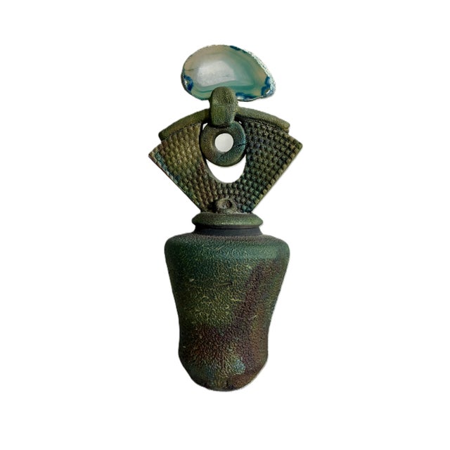 Signed Helene Fielder Raku Ceramic Pottery Vessel With Agate Lid / 1980s Art Studio Pottery / 80s Modernist Vase For Sale - Image 9 of 13