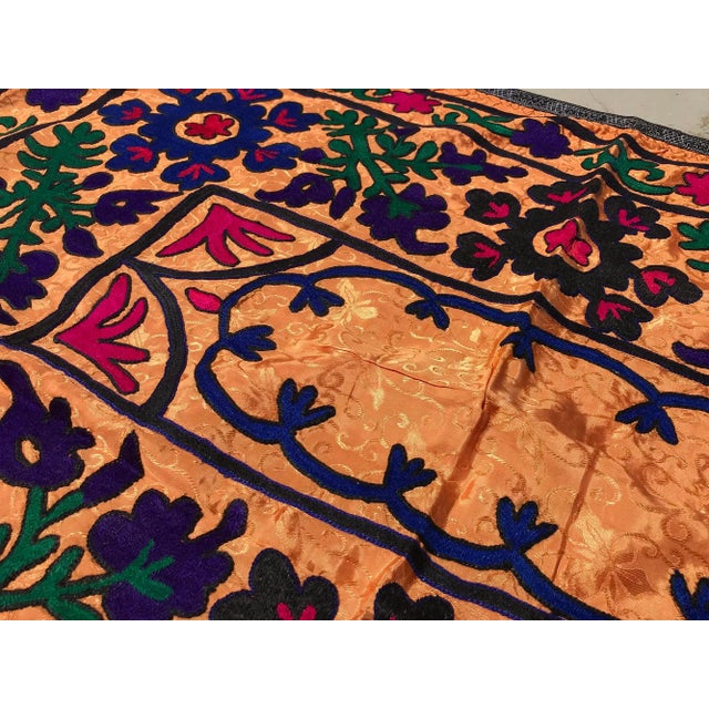 1980s Orange Silk and Cotton Suzani Tapestry For Sale - Image 5 of 10