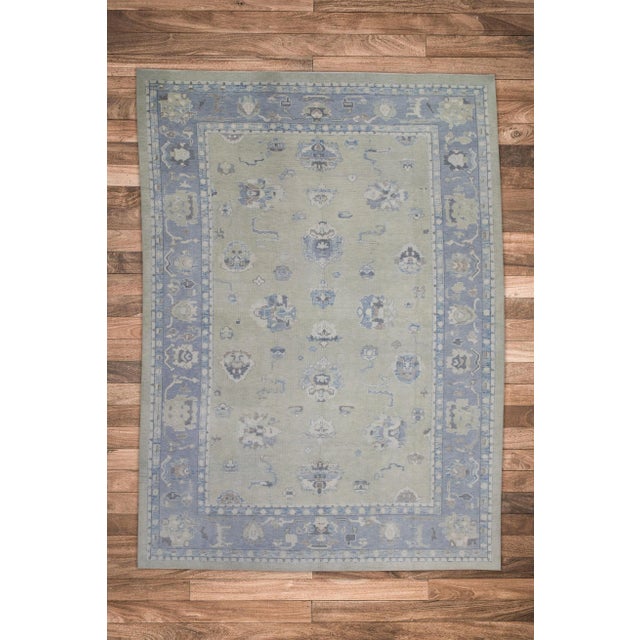 Textile Early 21st Century Green & Blue Floral Design Handwoven Wool Turkish Oushak Rug 10' X 13'11" For Sale - Image 7 of 8