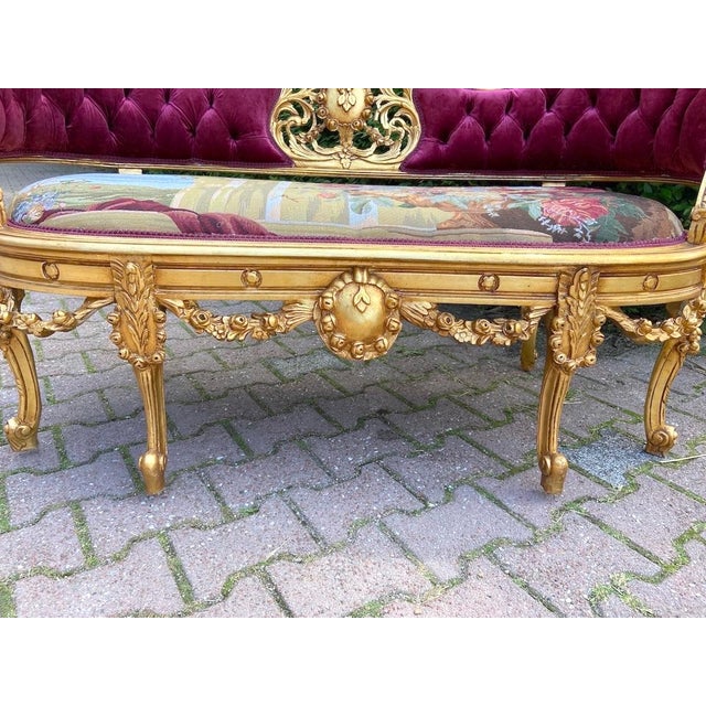Wood 1950s French Louis XVI Gold Beech Velvet Settee For Sale - Image 7 of 13