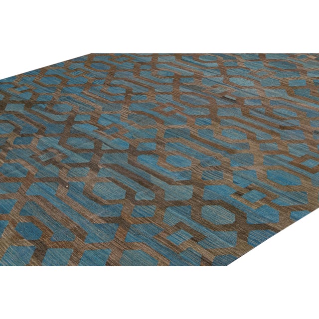 2010s Modern Geometric Kilim Handmade Room Size Blue Wool Rug For Sale - Image 5 of 11