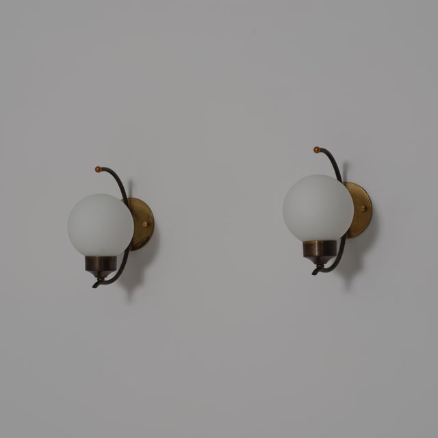 Italian Brass and Opaline Glass Wall Sconces, 1950s, Set of 2 For Sale - Image 9 of 9