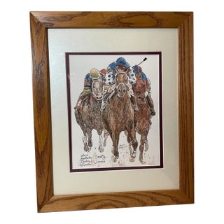 1980s Kentucky Derby Bernice Batoff Smarty Jones Horse Jockey Watercolor Ink Painting For Sale