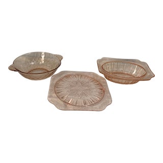 1930s Depression Glass Bowls and Cake Plate - Set of 3 For Sale