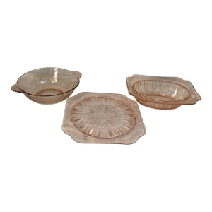 1930s Depression Glass Bowls and Cake Plate - Set of 3
