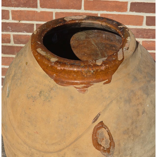 Antique Large 32" Mediterranean Textured Terracotta Olive Jar With Brown Glazed Rim For Sale - Image 4 of 8